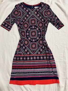 Eliza J A-Line Dress Size 6 Blue Orange Geometric Print Stretch Knit Gold Zip